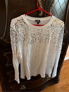 INC International Concepts White Long-Sleeve Sequin Tee